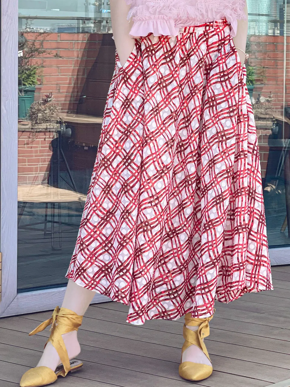 Surprise Sale! Red Check Print Embossed Dotty Breezy Circle Skirt