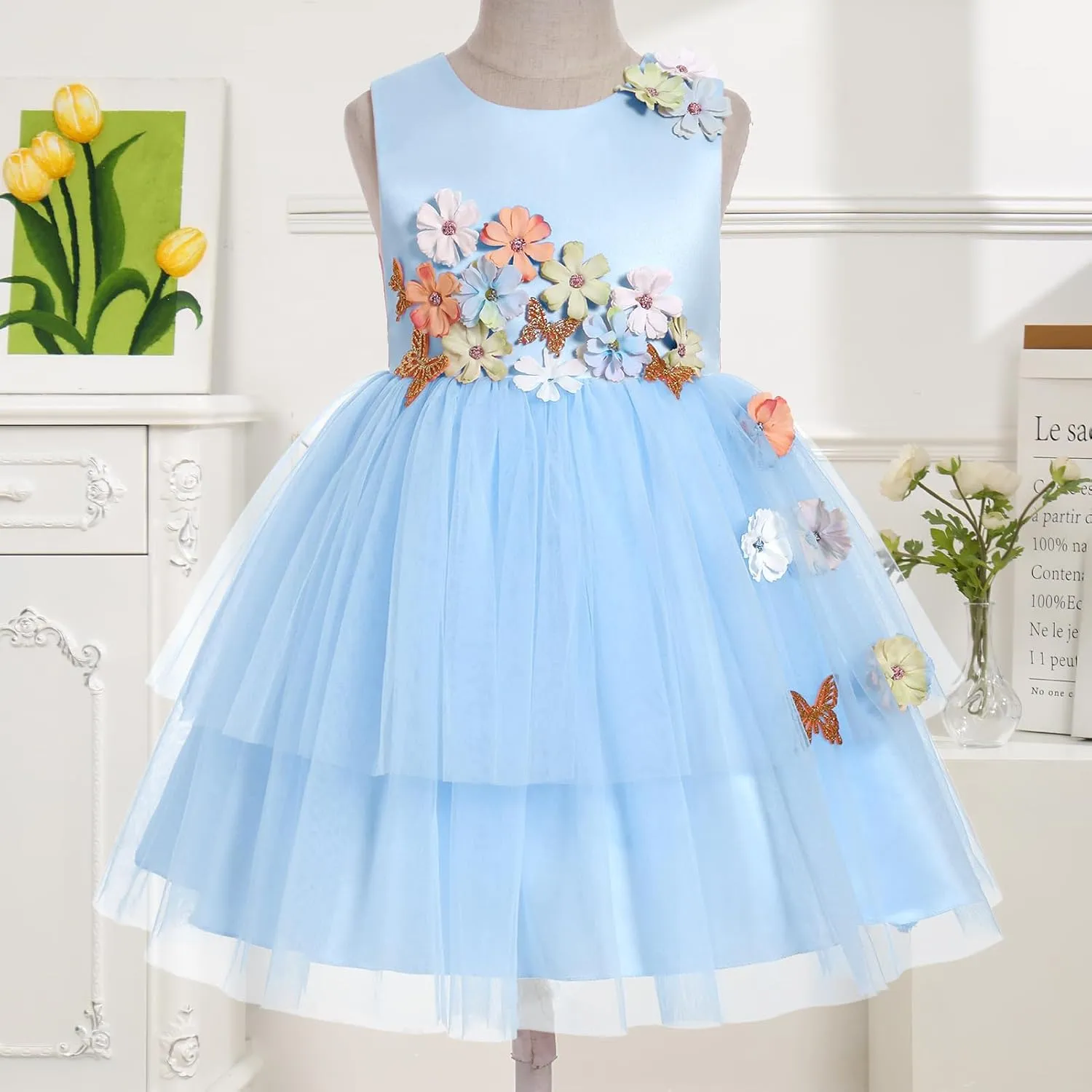 Toddler Sleeveless Flower Tulle Tutu Princess Birthday First Communion Dresses Flower Girl Formal Wedding Outfits
