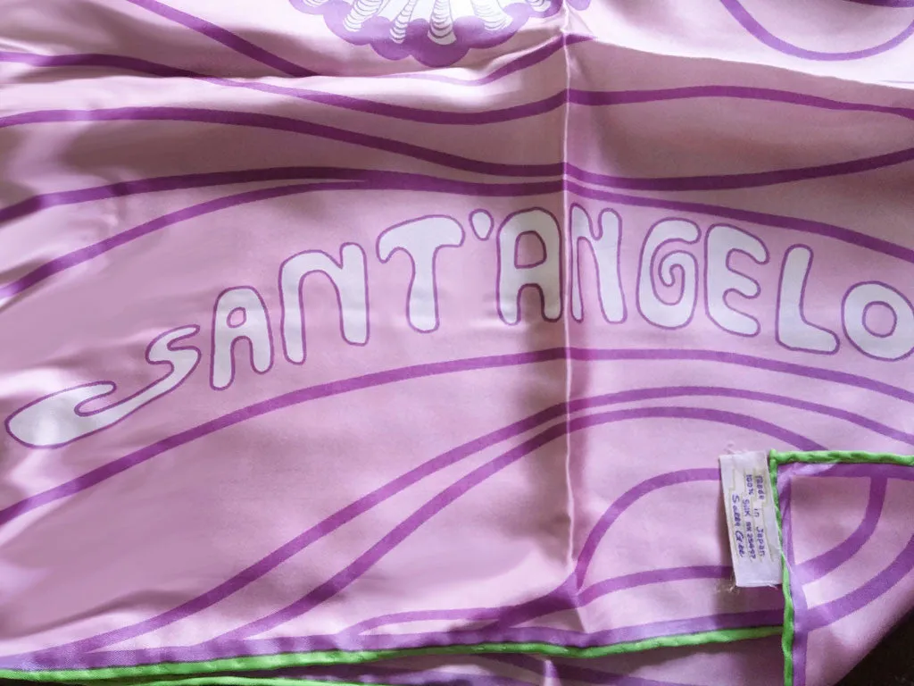 VINTAGE GIORGIO SANT' ANGELO FOR SALLY GEE SILK SEA SHELL SCARF IN LAVENDER, HOT PINK & LIME