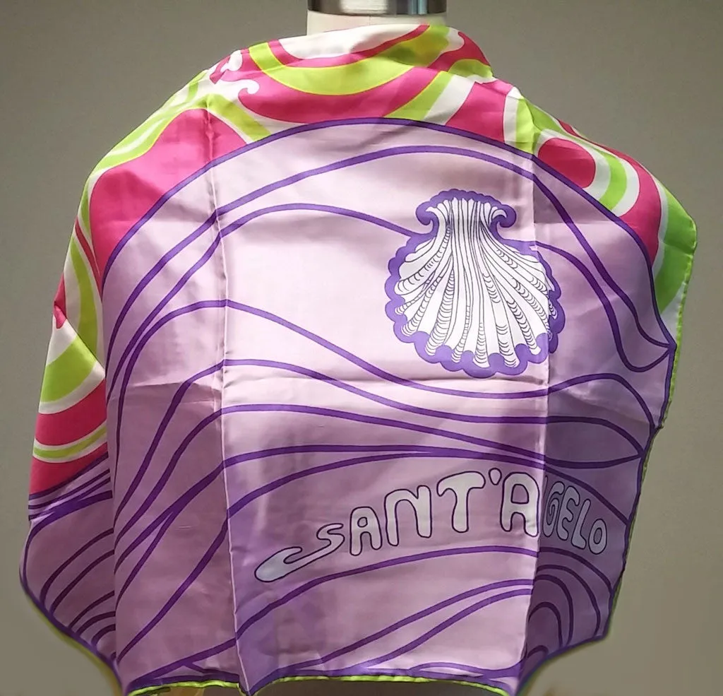 VINTAGE GIORGIO SANT' ANGELO FOR SALLY GEE SILK SEA SHELL SCARF IN LAVENDER, HOT PINK & LIME