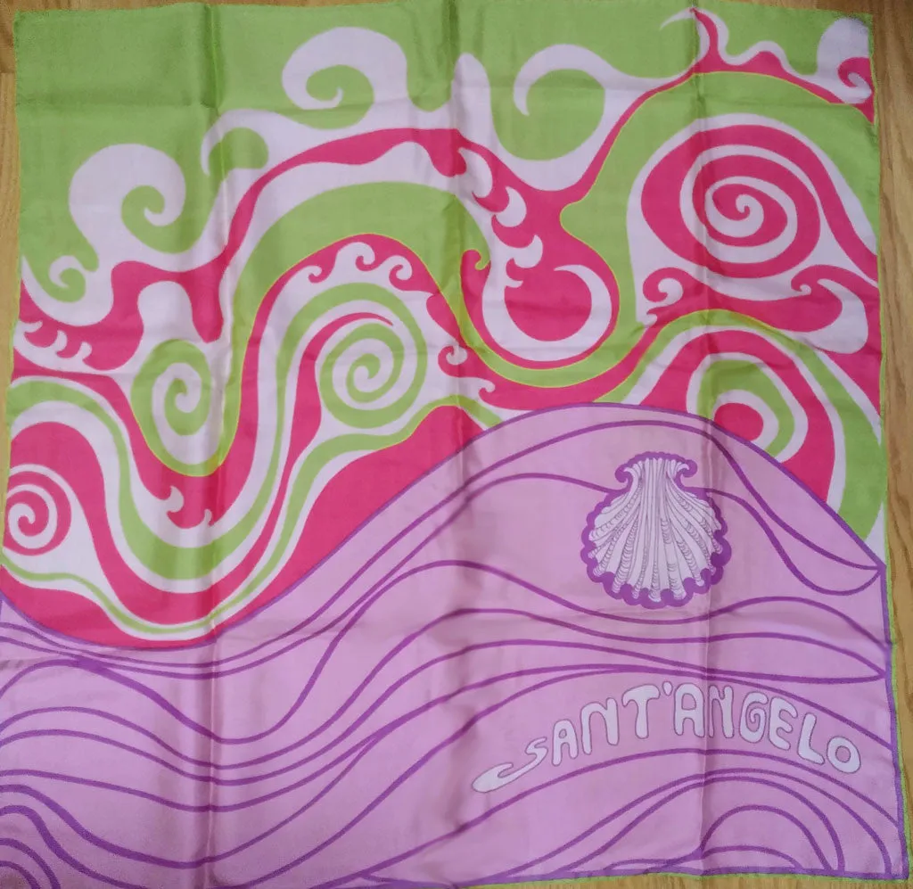VINTAGE GIORGIO SANT' ANGELO FOR SALLY GEE SILK SEA SHELL SCARF IN LAVENDER, HOT PINK & LIME