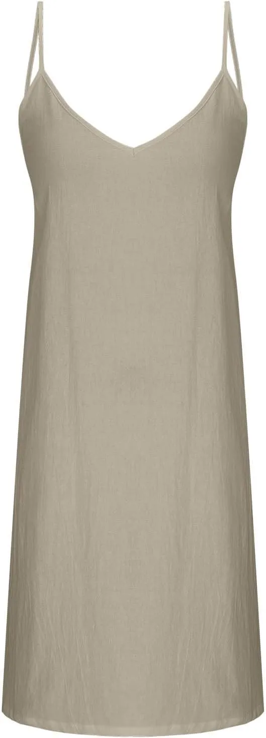 Women Basic Cotton Linen Cami Dress Summer Sleeveless V Neck Mini Tunic Dresses Casual Thin Beach Vacation Dress