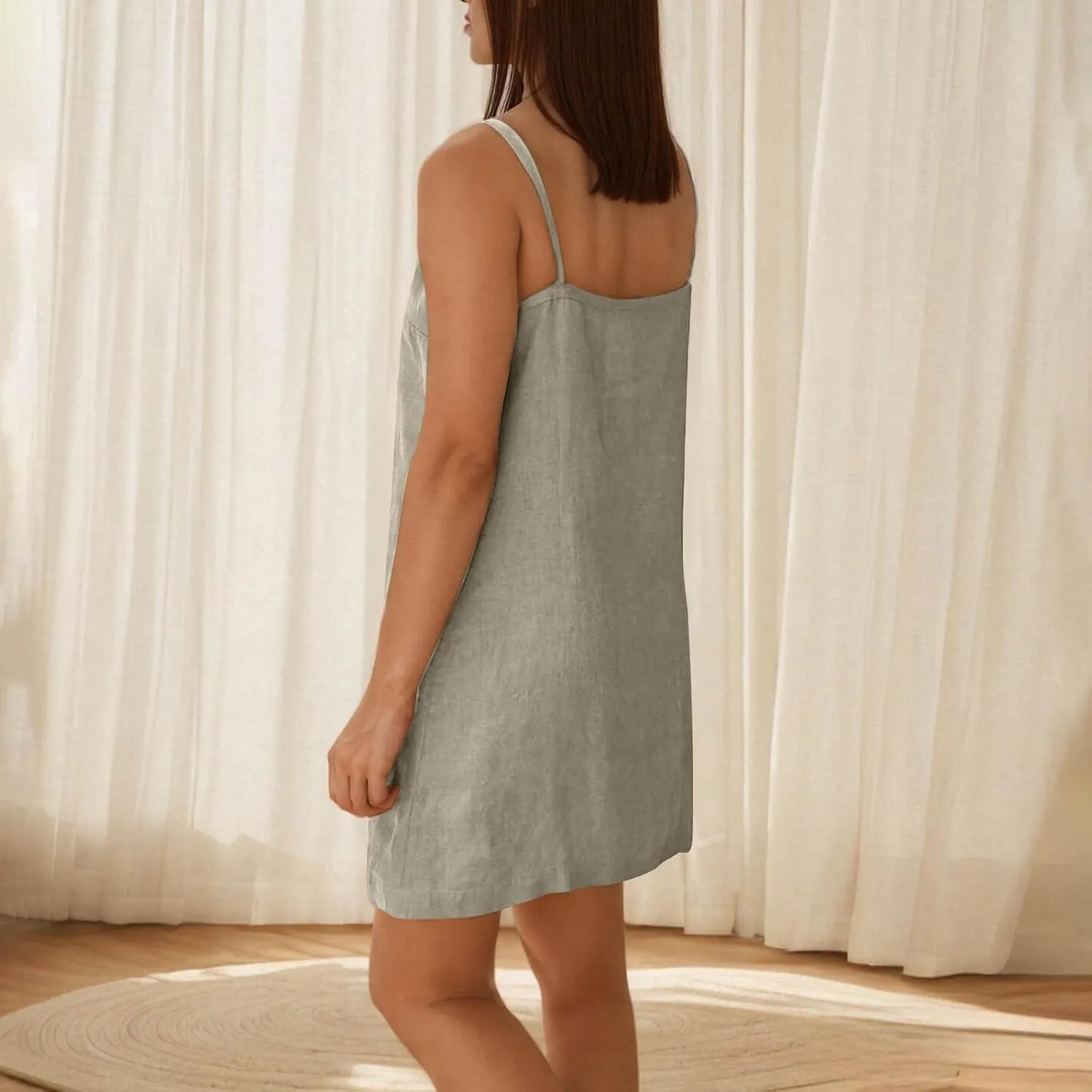 Women Basic Cotton Linen Cami Dress Summer Sleeveless V Neck Mini Tunic Dresses Casual Thin Beach Vacation Dress