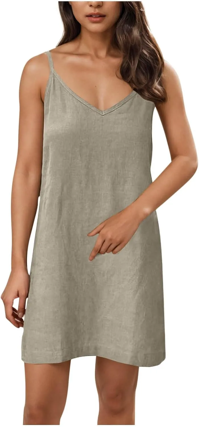 Women Basic Cotton Linen Cami Dress Summer Sleeveless V Neck Mini Tunic Dresses Casual Thin Beach Vacation Dress