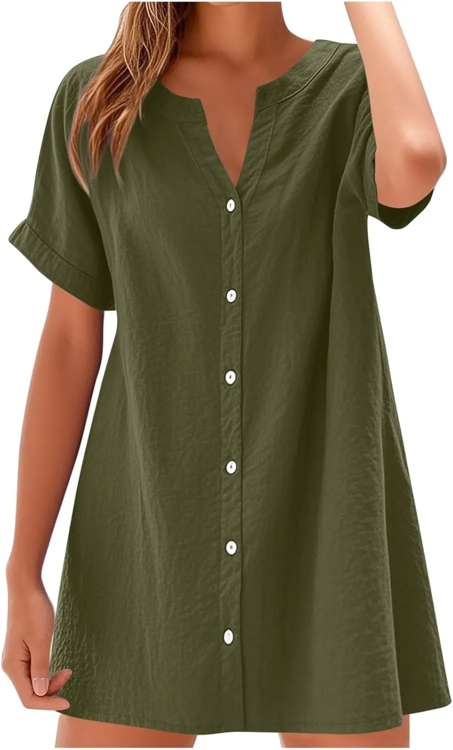 Women Button Down Cotton Linen Mini Dress Summer Short Sleeve V Neck Casual Shirt Dresses Loose Beach Tunic Dress