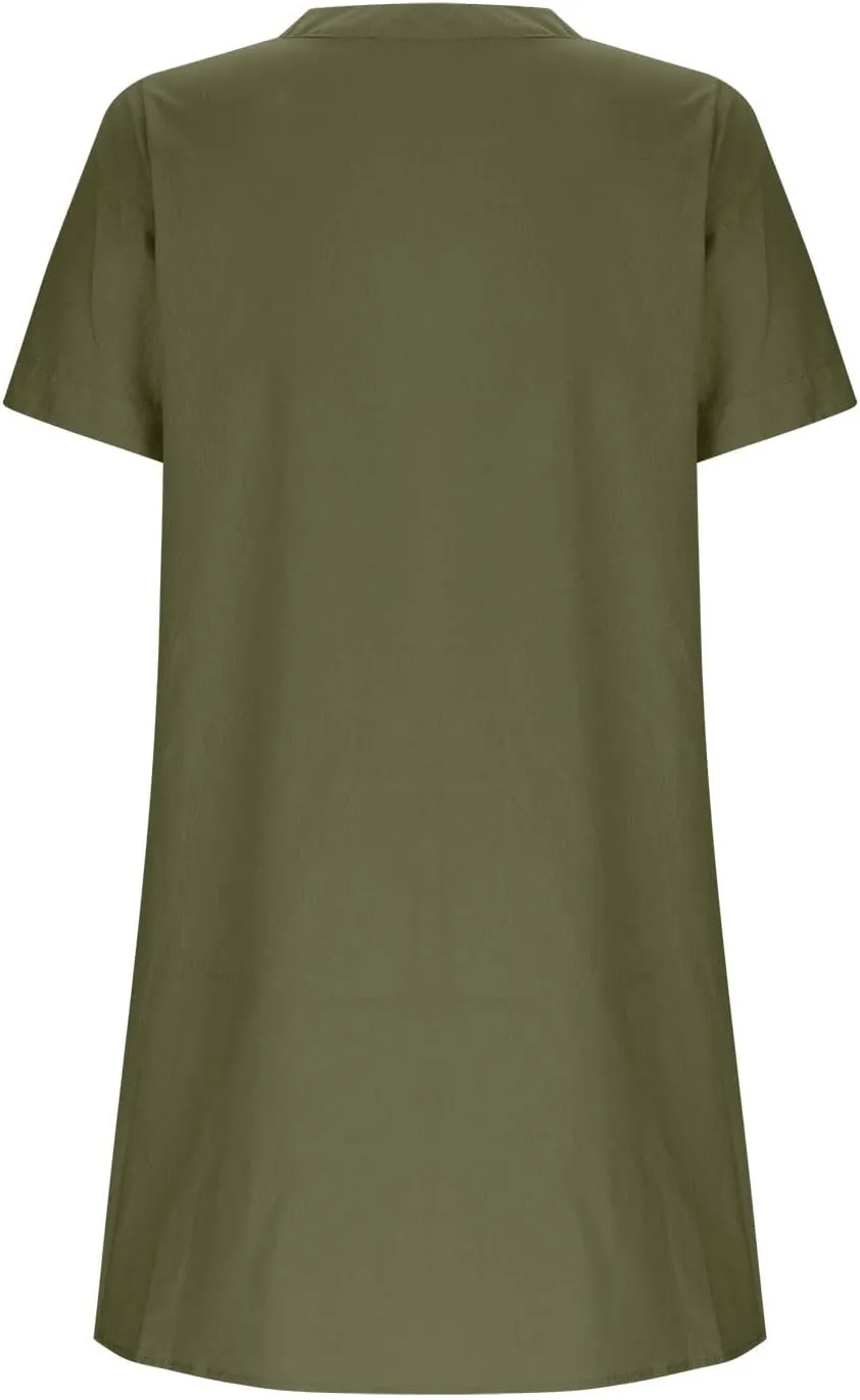 Women Button Down Cotton Linen Mini Dress Summer Short Sleeve V Neck Casual Shirt Dresses Loose Beach Tunic Dress