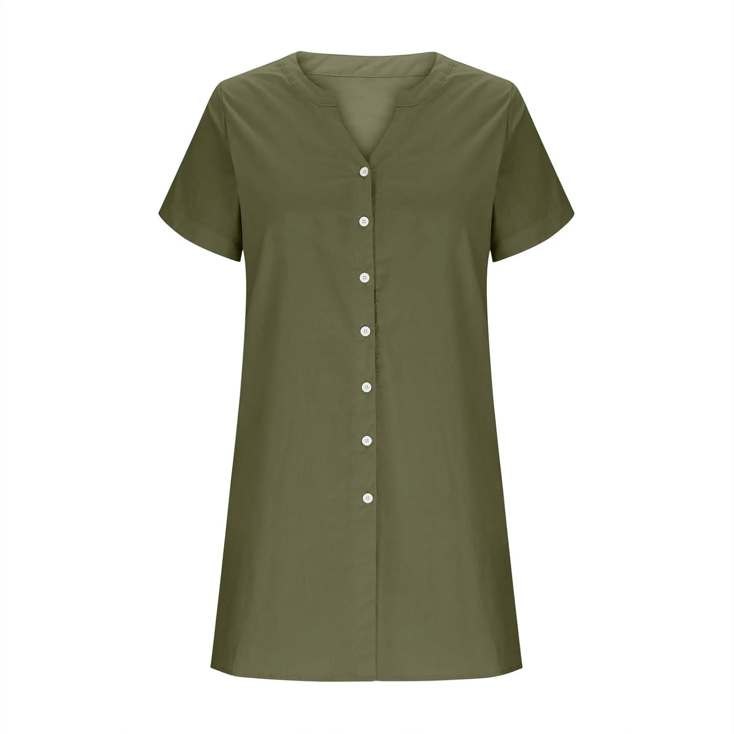 Women Button Down Cotton Linen Mini Dress Summer Short Sleeve V Neck Casual Shirt Dresses Loose Beach Tunic Dress