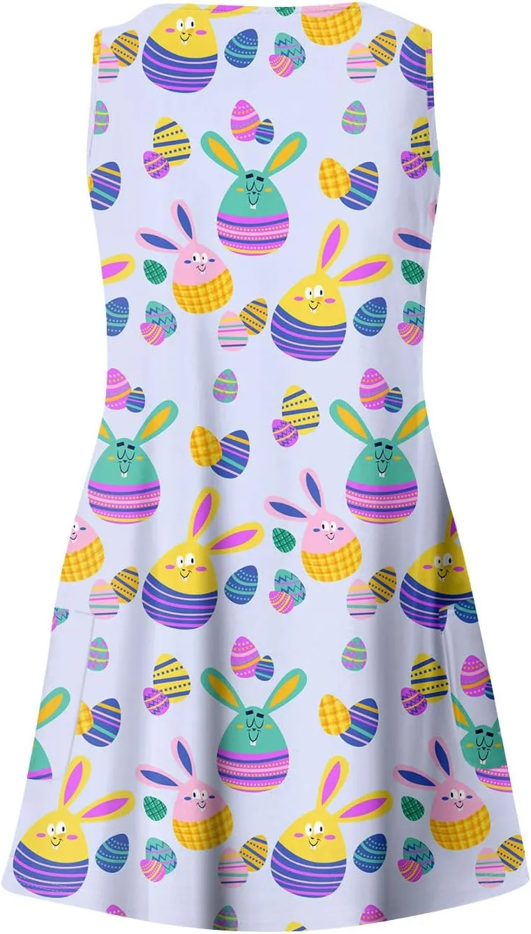 Women Summer Dresses Beach Printed Dress with Pocket Vacation Sleeveless Swimsuit Coverup V Neck Casual Sundress