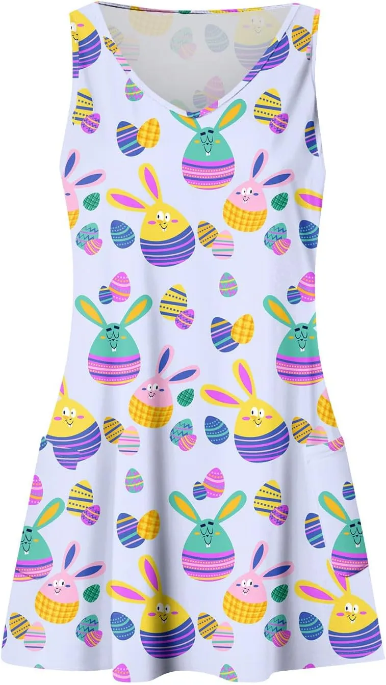 Women Summer Dresses Beach Printed Dress with Pocket Vacation Sleeveless Swimsuit Coverup V Neck Casual Sundress