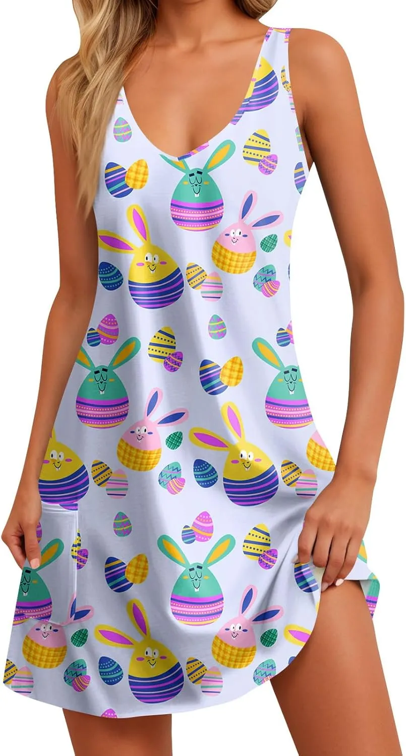 Women Summer Dresses Beach Printed Dress with Pocket Vacation Sleeveless Swimsuit Coverup V Neck Casual Sundress
