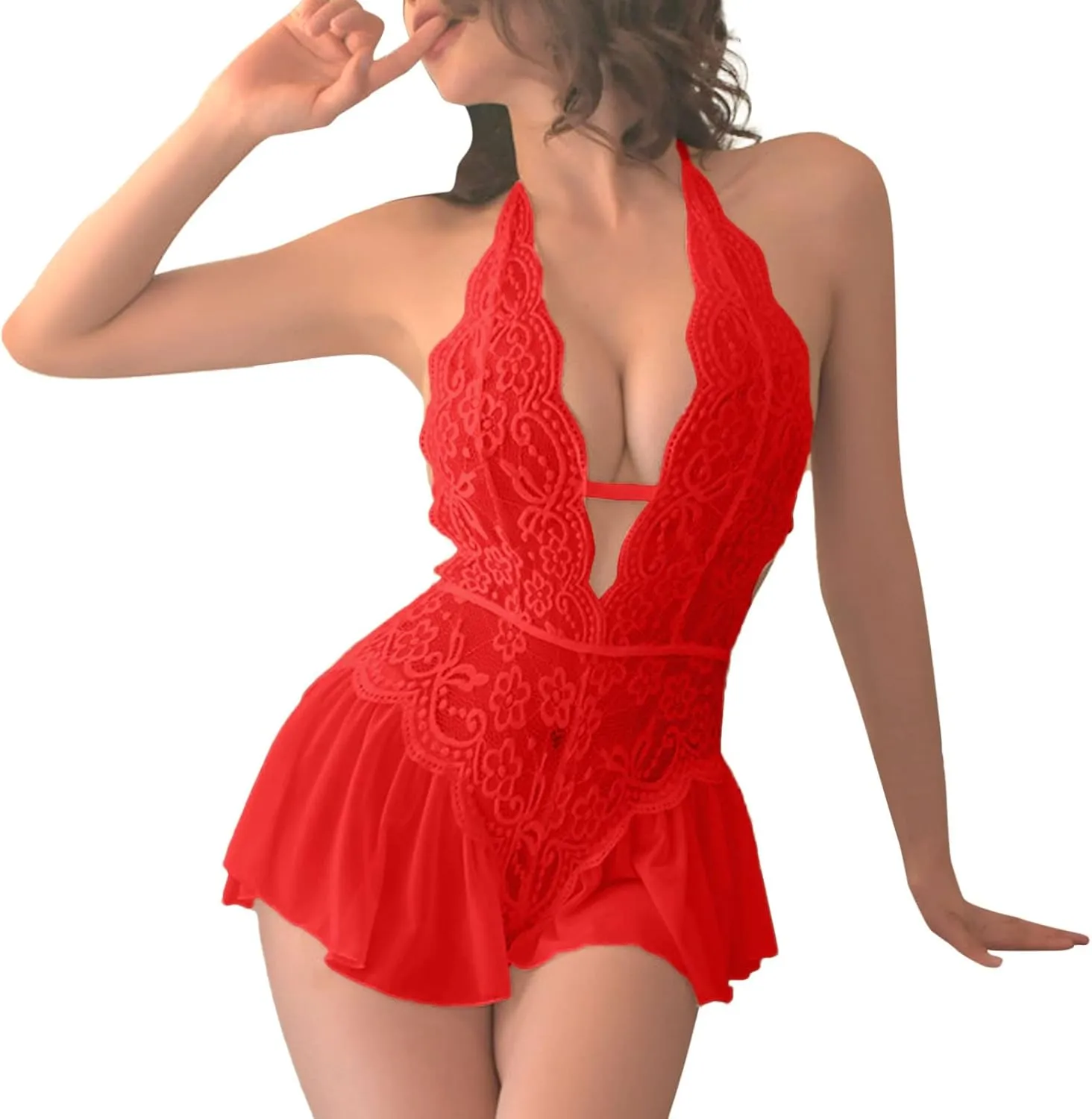 Women's Sexy Floral Lace Bodysuit Lingerie Ruffle Deep V Neck Halter Neck Chemise Tummy Control Backless Jumpsuit
