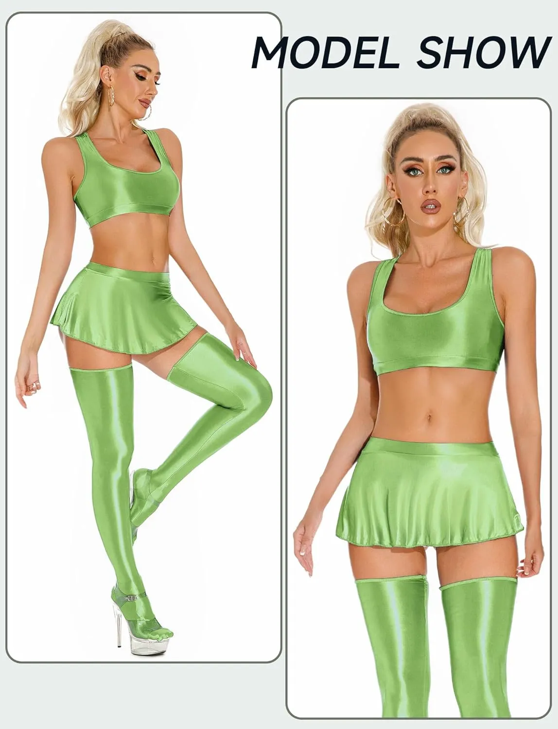 Womens Shiny Glossy Mini Skirt Flirty Pleated Skirts Low Waisted Ruffle Miniskirt See Through Rave Skater Clubwear