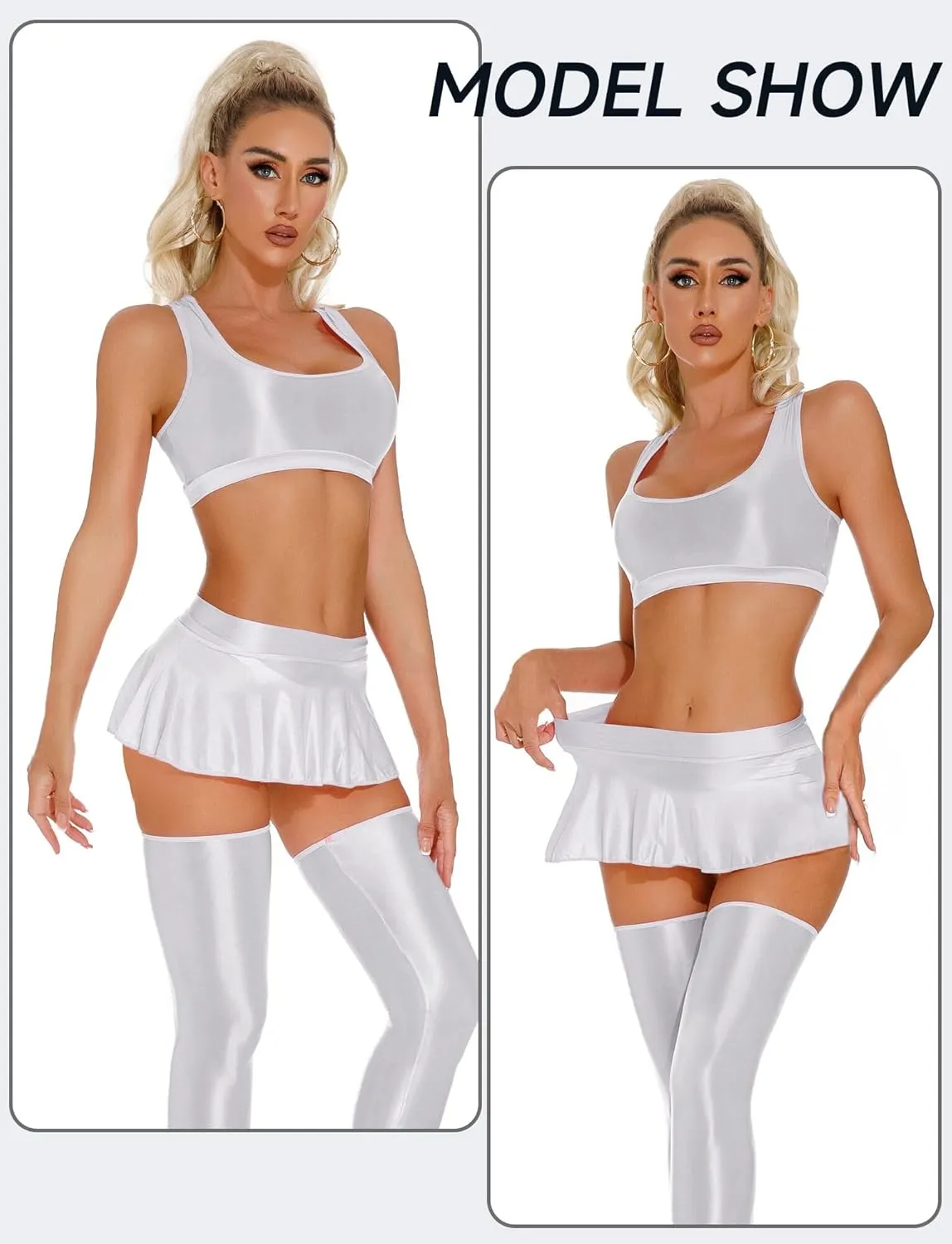 Womens Shiny Glossy Mini Skirt Flirty Pleated Skirts Low Waisted Ruffle Miniskirt See Through Rave Skater Clubwear